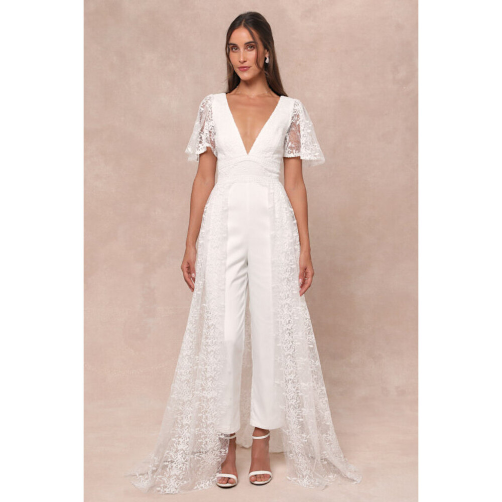 Lulus Immaculate Love White Mesh Embroidered Cape Jumpsuit - Size S